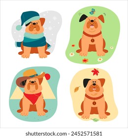 Seasonal dog portraits: winter, spring, summer, fall with adorable accessories. Set of 4 funny dogs.
