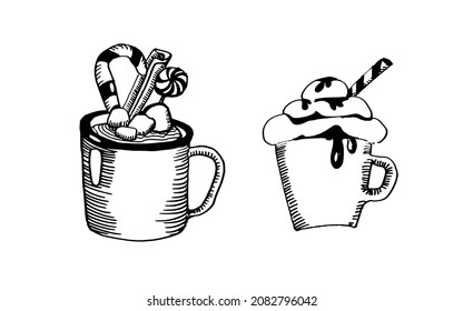 Seasonal Drinks Christmas Cocoa with Mashmellow Vector Hand-Drawn