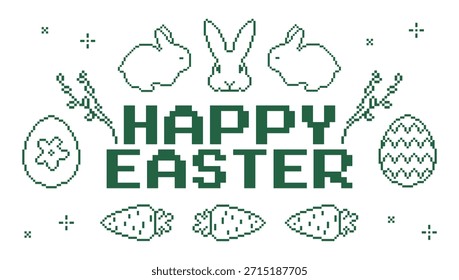 Diseño de Semana Santa de temporada para celebraciones de primavera. Ilustración de estilo retro de 8 bits en tonos blancos y verdes de cazador. Saludo de arte de píxel con conejos lindos, huevos, zanahorias y adornos festivos. 