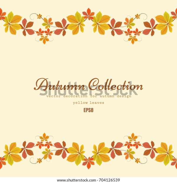 Seasonal fall background with garlands of\
yellow autumn leaves, chestnut leaves border decoration with\
tendrils, vector\
illustration
