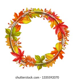 Seasonal fall frame with autumn foliage of maple, oak, elm, chestnut and autumn berries. Vector illustration.