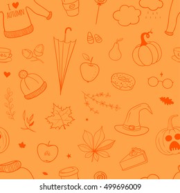 Seasonal fall pattern. Vector seamless pattern with autumn doodles. Bright wrapping paper for Halloween and Thanksgiving.