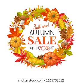 Seasonal fall sale banner or frame with autumn foliage of maple, oak, elm, chestnut, nuts, pumpkin, wheat and autumn berries.