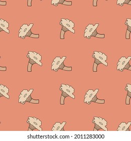 Seasonal fall seamless pattern with cantharellus cibarius mushroom ornament. Pink pastel background. Stock illustration. Vector design for textile, fabric, giftwrap, wallpapers