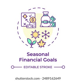 Seasonal financial goals multi color concept icon. Holidays and special events. Shopping. Retail strategy. Round shape line illustration. Abstract idea. Graphic design. Easy to use in presentation