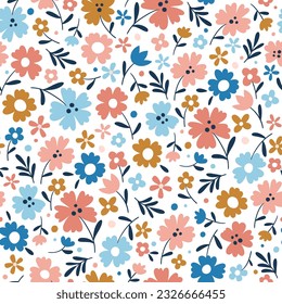 Seasonal flowers seamless pattern. Repeat pattern with lovely flowers on white background. Square design. Vector illustration.