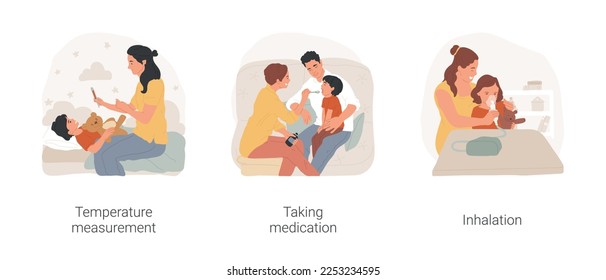 Seasonal flu isolated cartoon vector illustration set. Temperature measurement, child taking medication, give syrup on a spoon, home inhalation procedure, cold and flu treatment vector cartoon.