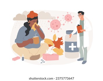 Seasonal Flu isolated concept vector illustration. Seasonal influenza virus, contagious respiratory illness, flu treatment recommendation, vaccination, acute infection symptoms vector concept.