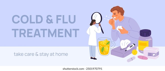 Seasonal flu poster. Doctor examines patient through magnifying glass. Man sneezes and coughs. Catarrhal disease. Medical remedy and pills. Illness symptoms. Garish