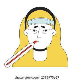 Seasonal flu woman temperature assessment 2D linear vector avatar illustration. European female with thermometer mouth outline cartoon character face. Ill grippe flat color user profile image isolated