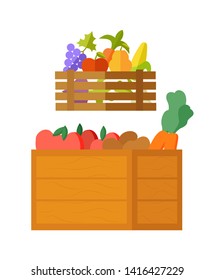 Seasonal food vector, isolated box with meal fresh organic ingredients in basket. Flat style grapes and tomato, carrots and peas, corn and vitamins