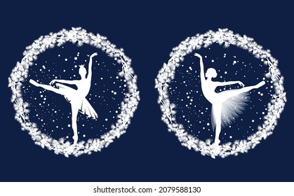 marco estacional hecho de ramas de pino con hermosa bailarina y nieve en caída - silueta vectorial blanca ambientada para el diseño de ballet de temporada invernal