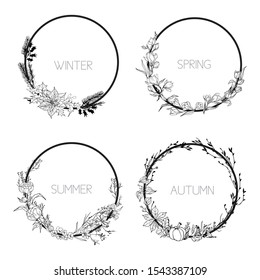 Seasonal frames black lines in abstract style.  Vector autumn, winter, summer and spring illustration. Vector line design. Vector realistic illustration.