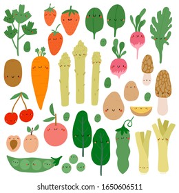 Seasonal Fruits and Vegetables - Big vector collection in cartoon style. Cute smiley Vegetables and Fruits characters. Spring seasonal fresh food set.