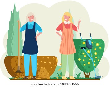 Seasonal gardening with characters of gardeners working in outdoor garden, female characters growing plants and flowers. Agriculture organic garden tillage and farming, plant care, gardening hobby