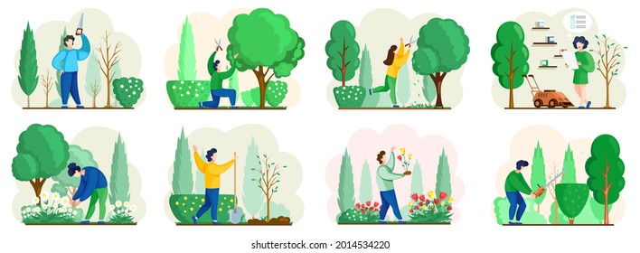 Seasonal gardening with characters of gardeners working in outdoor garden scenes set with people growing plants and flowers. Agriculture organic garden tillage and farming, plant care, gardening hobby