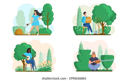 Seasonal gardening with gardeners working in outdoor garden scenes set with people growing plants collecting leaves, watering, cutting bushes Agriculture organic garden tillage and farming plant care