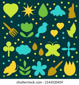 Seasonal gardening, Spring season. Flowers, tools and animals. Vector poster on dark background