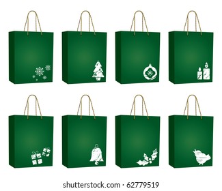 seasonal green christmas bags with motifs isolated on white