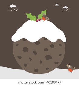 seasonal greeting card with christmas pudding and robins