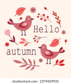 Seasonal greeting card with cute birds and autumn leaves. Decorative autumn banner. Vector illustration