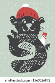 Seasonal greeting card design with bear and winter landscape. Hug, love and emotions creative tee shirt print concept. Winter vector illustration.