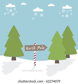 seasonal greeting card with trees and north pole sign