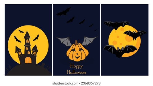 Seasonal greetings cards. Scandinavian cards for Halloween. Hunted house, bats on the background of the moon, Halloween cute pumpkin with wings. Vector illustration