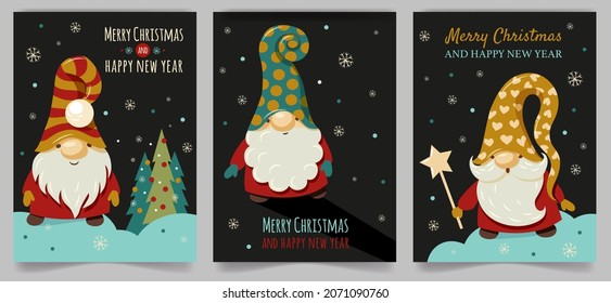 Seasonal greetings. Christmas Scandinavian cards. Cute little gnomes in different hats. Merry Christmas and Happy New Year. Vector illustration in cartoon style. Vintage postcard Noel on a dark backgr