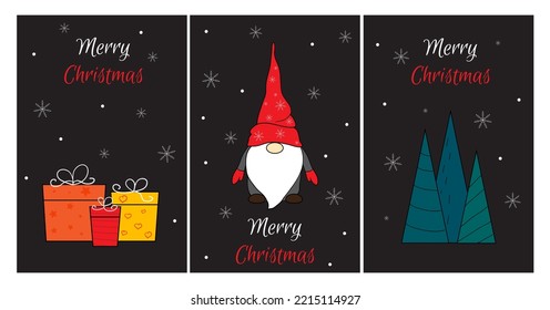 Seasonal greetings. Christmas Scandinavian cards. Cute little gnome in a red cap. Merry Christmas and Happy New Year. Vector illustration in cartoon style. Vintage postcard Noel on a black background.