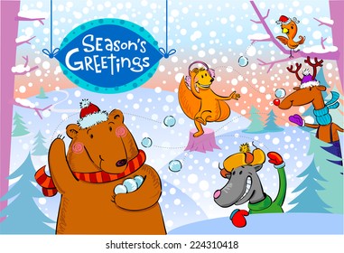 Seasonal greetings, illustration of cute animals playing  snowballs.