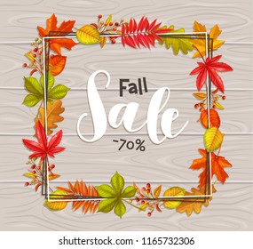 Seasonal hello fall banner or poster with autumn foliage of maple, oak, elm, chestnut, nuts, wheat and autumn berries on wooden background.