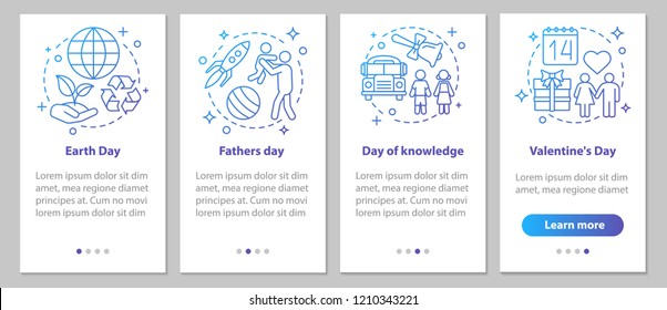 Seasonal holidays onboarding mobile app page screen with linear concepts. Back to school, February 14th, Earth and Father’s Days steps instructions. UX, UI, GUI vector template with illustrations