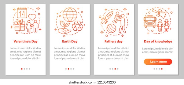 Seasonal holidays onboarding mobile app page screen with linear concepts. Back to school, February 14th, Earth and Father'??s Days steps instructions. UX, UI, GUI vector template with illustrations