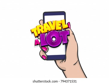 Seasonal hot travel vacation big sale price, discount. Comic text pop art. Vector halftone background illustration. Woman hold hand touch screen smartphone. Advertisement poster banner.