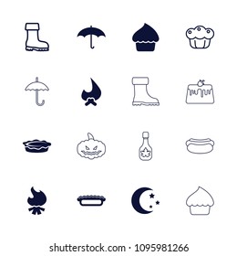 Seasonal icon. collection of 16 seasonal filled and outline icons such as bonfire, pie, umbrella, boot, moon and stars. editable seasonal icons for web and mobile.