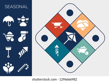  seasonal icon set. 13 filled seasonal icons. Simple modern icons about  - Umbrella, Blossom, Candy cane, Rake, Firecracker, Wheelbarrow, Christmas sock, Rain, Storm, Fireworks