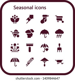 seasonal icon set. 16 filled seasonal icons.  Simple modern icons about  - Blossom, Fireworks, Christmas sock, Wheelbarrow, Storm, Umbrella, Rake