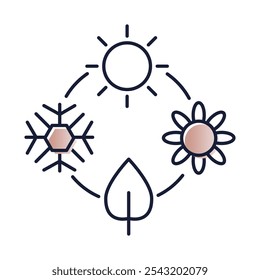 Icono estacional: ciclo de sol y flores, que representa los ciclos naturales, la frescura y los Productos estacionales