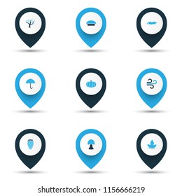 Seasonal icons colored set with apple pie, umbrella, maple and other champignon elements. Isolated vector illustration seasonal icons.