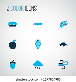 Seasonal icons colored set with pine cone, puddle, apple and other cloud elements. Isolated vector illustration seasonal icons.