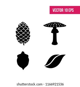 Seasonal icons with mushrooms, wind, pine spike and other signs of autumn. Isolated Vector illustration of seasonal icons.

