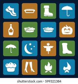 seasonal icons set. Set of 16 seasonal filled icons such as scarecrow, woman boots, boot, maple syrup, pie, moon and stars, pumpkin haloween, umbrella