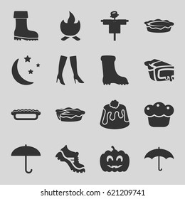 Seasonal icons set. set of 16 seasonal filled icons such as scarecrow, woman boots, boot, pie, moon and stars, pumpkin haloween, umbrella