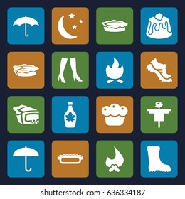 Seasonal icons set. set of 16 seasonal filled icons such as scarecrow, woman boots, boot, maple syrup, pie, moon and stars, umbrella