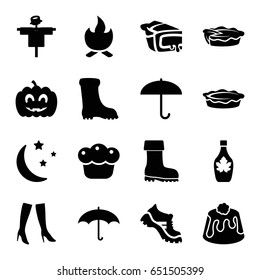 Seasonal icons set. set of 16 seasonal filled icons such as scarecrow, woman boots, boot, maple syrup, pie, moon and stars, pumpkin haloween, umbrella