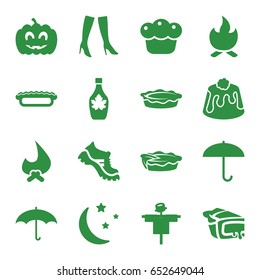 Seasonal icons set. set of 16 seasonal filled icons such as scarecrow, woman boots, boot, maple syrup, pie, moon and stars, pumpkin haloween, umbrella