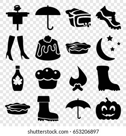Seasonal icons set. set of 16 seasonal filled icons such as scarecrow, woman boots, boot, maple syrup, pie, moon and stars, pumpkin haloween, umbrella