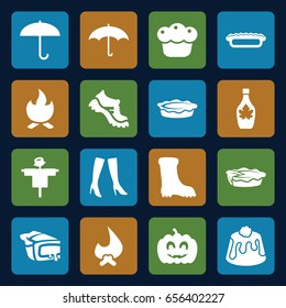 Seasonal icons set. set of 16 seasonal filled icons such as scarecrow, woman boots, boot, maple syrup, pie, pumpkin haloween, umbrella