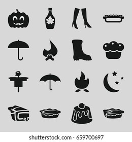 Seasonal icons set. set of 16 seasonal filled icons such as scarecrow, woman boots, boot, maple syrup, pie, moon and stars, pumpkin haloween, umbrella